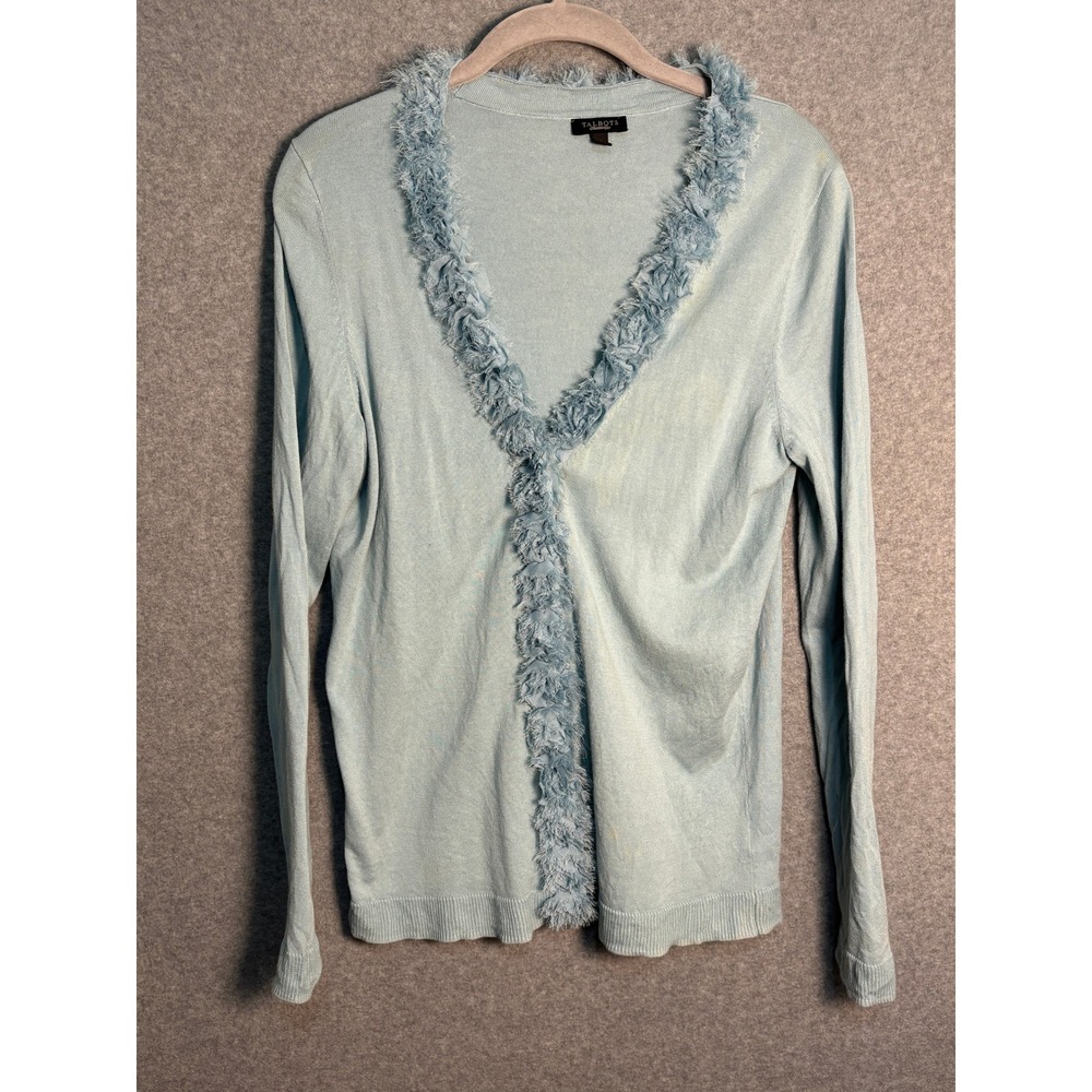 Talbots Women's Blue‎ Cardigan Sweater M Fringe Trim Open Front Cotton Rayon